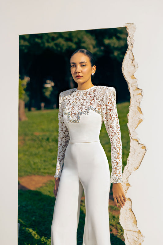 FULL WHITE CRYSTAL JUMPSUIT